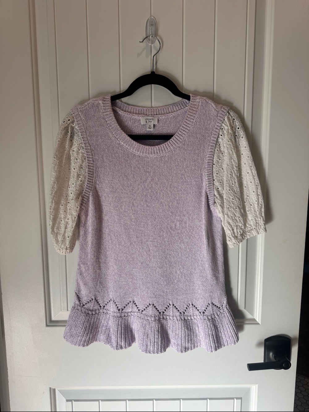 crown & ivy Lavender Knit Peplum Sweater Top with Cream Eyelet Puff Sleeves